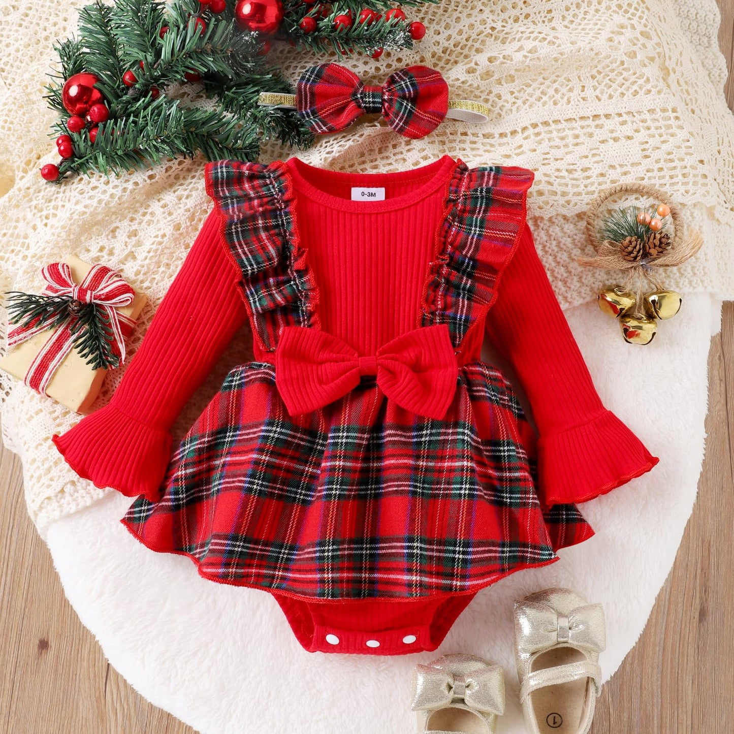 Infant Baby Girl Christmas Plaid Overall Dress Outfits Fall Winter Ruffle Romper Headband Sets