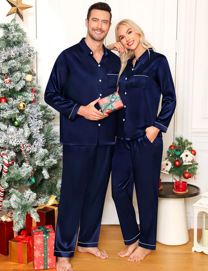 Women & Men Satin Pajamas Set Couple Matching Pajamas Long Sleeve Sleepwear Button Down Loungewear 2 Pcs Pj Set