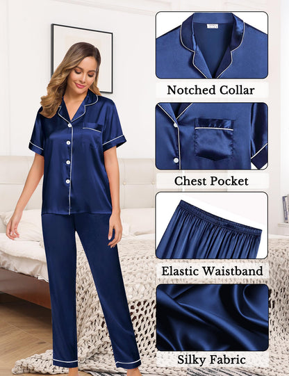 Womens 4pcs Pajamas Sets Silk Satin Pjs Silky Sexy Cami Shorts Set Button Down Short Sleeve Sleepwear Loungewear