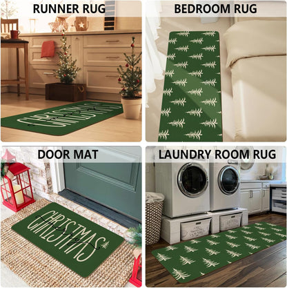 Christmas Kitchen Rugs and Mats Set of 2,Green Buffalo Plaid Merry Christmas Kitchen Mat,Xmas Winter Holiday Non Slip Low-Profile Sink Mat Decorations for Home Kitchen 17x47+17x30 Inches