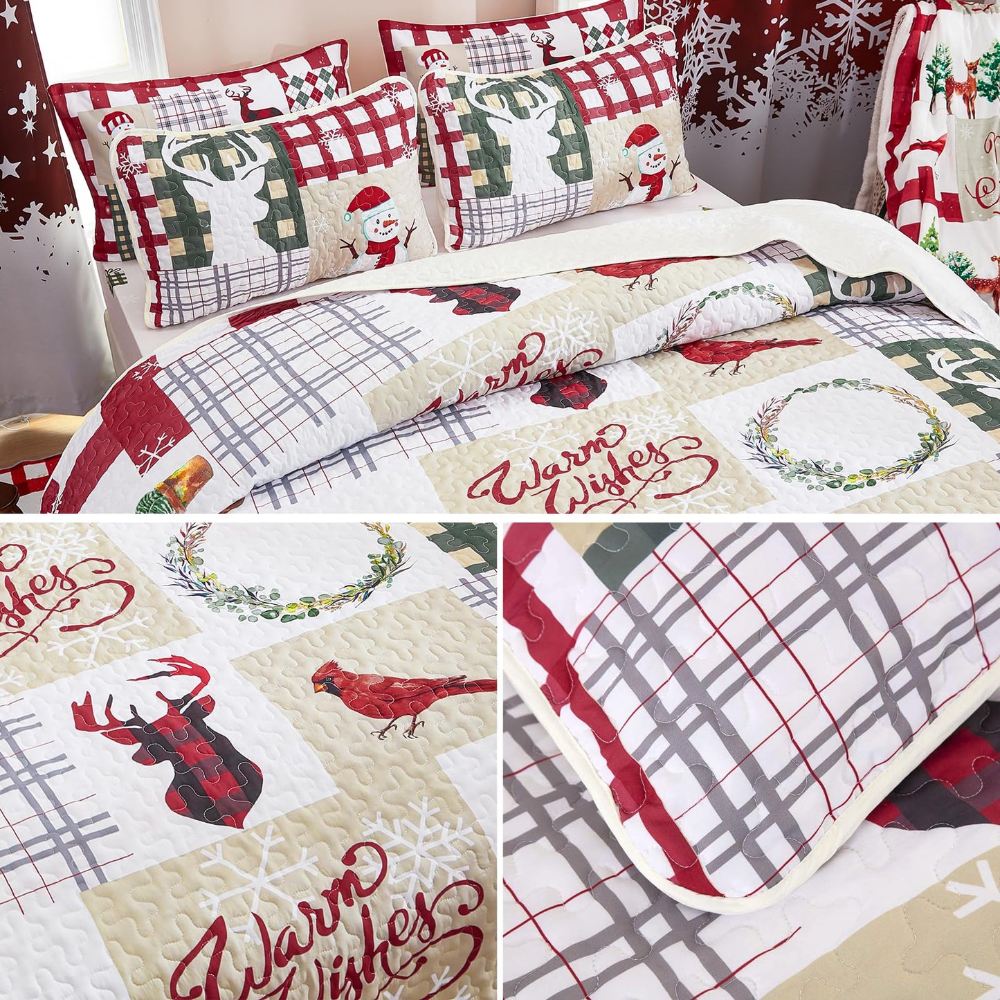 WONGS BEDDING Christmas Quilt Set King Rustic Christmas Tree Snowman Cardinal Holiday Wreath Pattern Bedding Solid Bedspread Coverlet with 2 Pillow Shams for All Season, Soft Microfiber Quilt 103"x90"