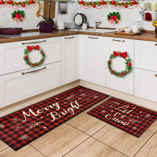 Christmas Kitchen Mat - 2 Piece Kitchen Mats Set Red Buffalo Plaid Indoor Floor Mats Non-Slip Kitchen Backing Area Rugs Xmas Door Carpet for Home Christmas Decor (17’’ x 47’’+17’’ x 30’’)