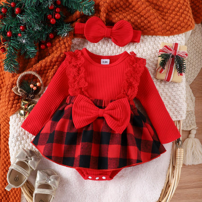 Infant Baby Girl Christmas Plaid Overall Dress Outfits Fall Winter Ruffle Romper Headband Sets