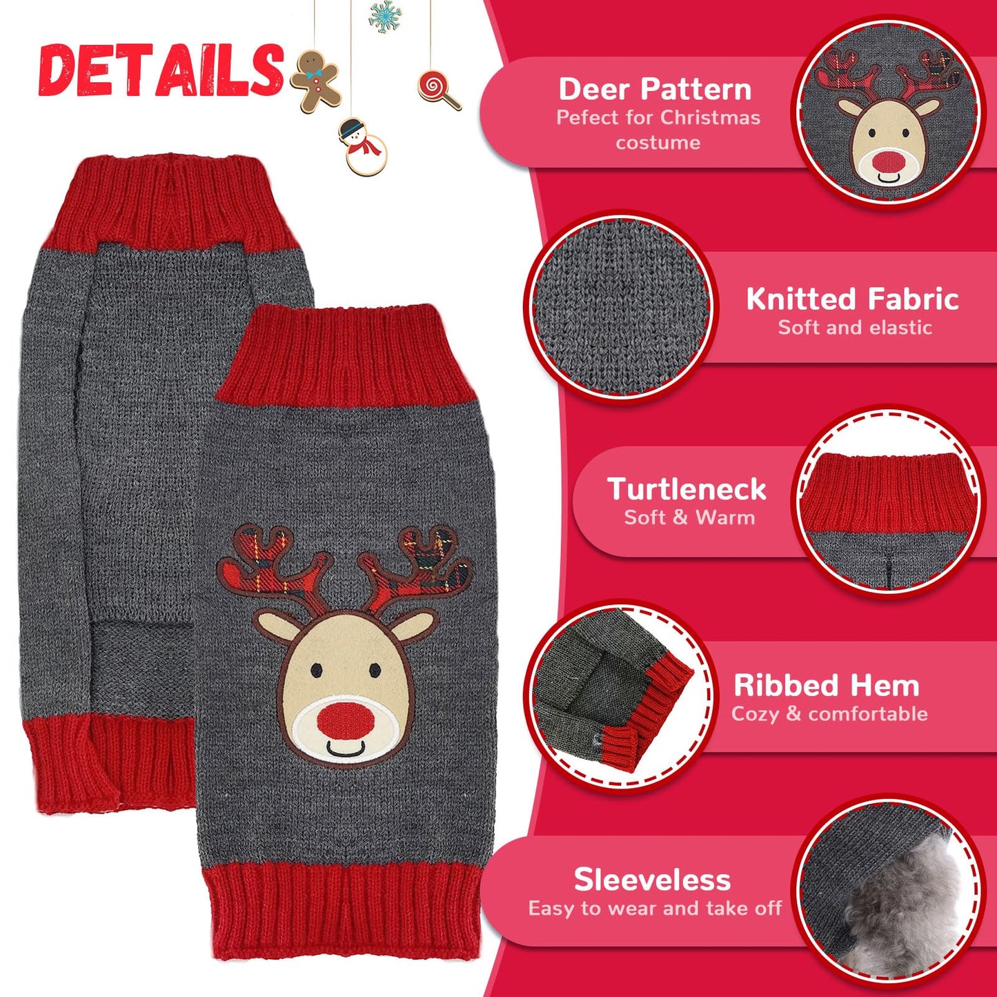 Dog Christmas Sweater Xmas Pet Clothes Cute Gray Reindeer Holiday Puppy Cat Costume New Year Gifts for Small Medium Large Dogs Jumpers (S, Gray Reindeer)