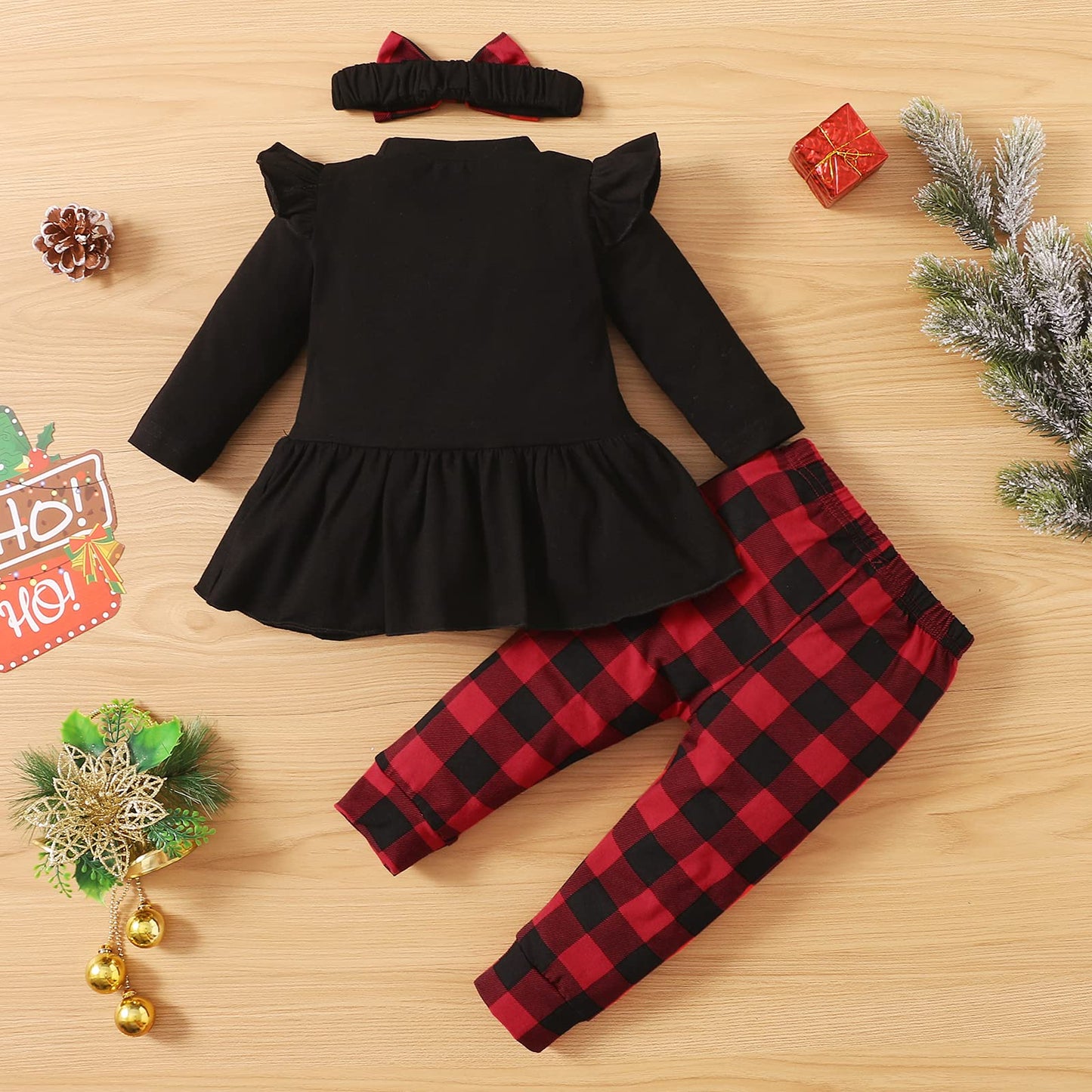 My 1st Christmas Baby Girl Outfits Ruffle Santa Tree Print Tunic Drees Shirt Plaid Stripe Pants Fall Clothes