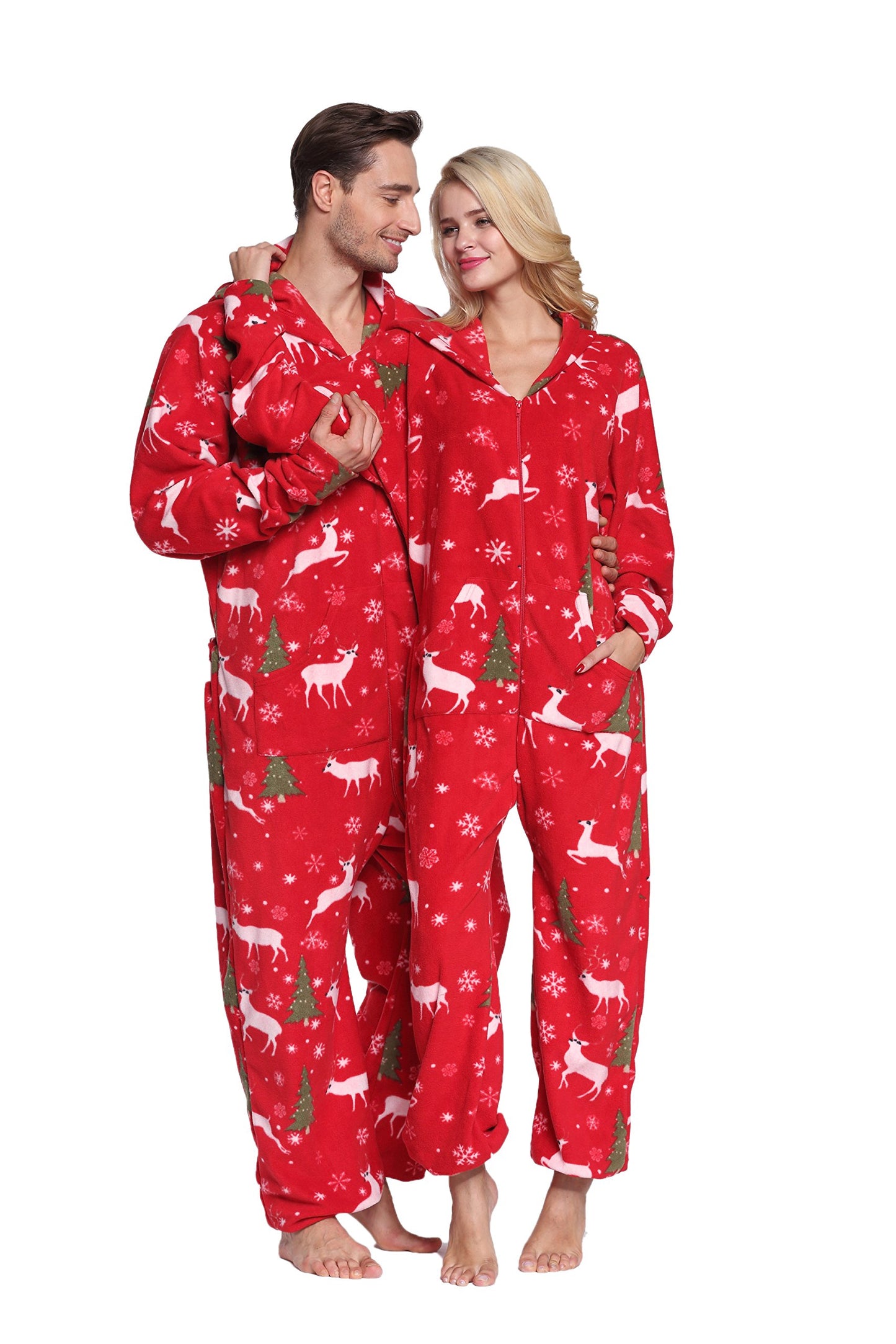 XMAS Women's & Men's Hooded Fleece Onesies One-Piece Pajamas