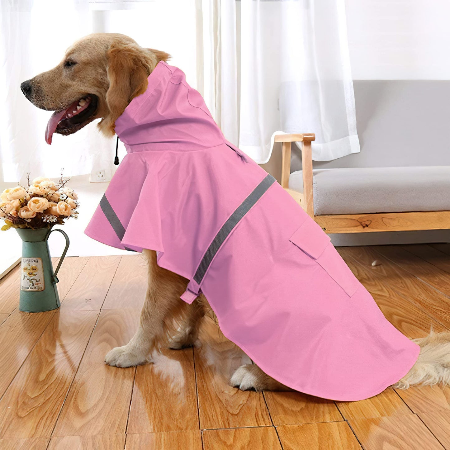 Dog Raincoat Adjustable - Pet Dinosaurs Water Proof Clothes Lightweight Rain Jacket Poncho Hoodies with Strip Reflective Blue