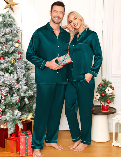 Women & Men Satin Pajamas Set Couple Matching Pajamas Long Sleeve Sleepwear Button Down Loungewear 2 Pcs Pj Set