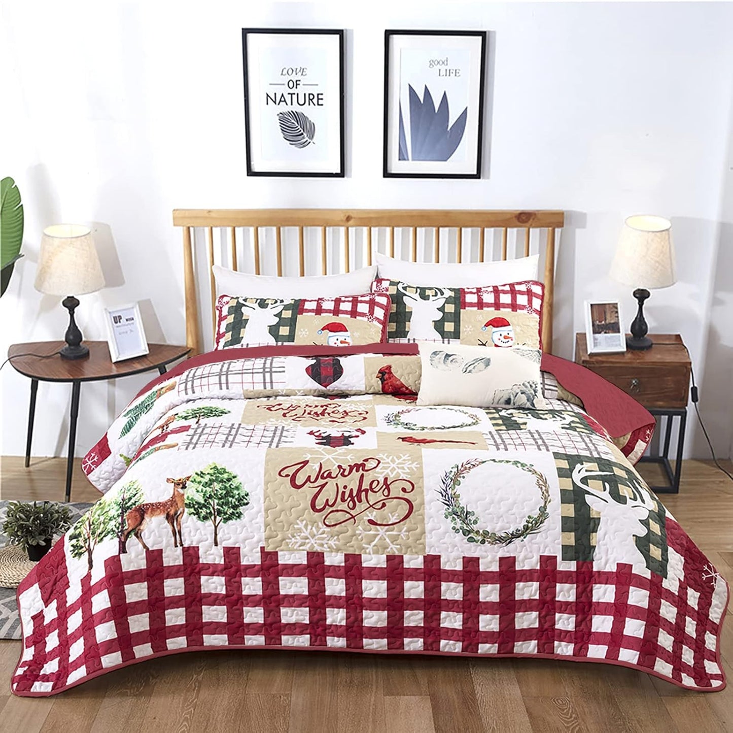 WONGS BEDDING Christmas Quilt Set King Rustic Christmas Tree Snowman Cardinal Holiday Wreath Pattern Bedding Solid Bedspread Coverlet with 2 Pillow Shams for All Season, Soft Microfiber Quilt 103"x90"