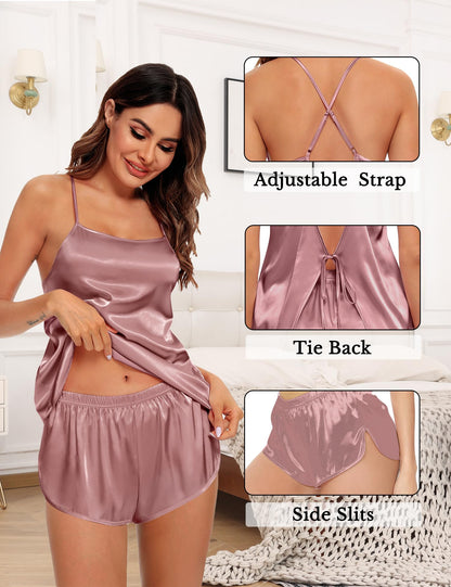 Womens 4pcs Pajamas Sets Silk Satin Pjs Silky Sexy Cami Shorts Set Button Down Short Sleeve Sleepwear Loungewear