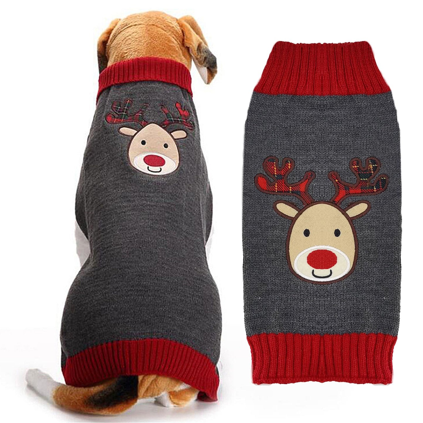 Dog Christmas Sweater Xmas Pet Clothes Cute Gray Reindeer Holiday Puppy Cat Costume New Year Gifts for Small Medium Large Dogs Jumpers (S, Gray Reindeer)