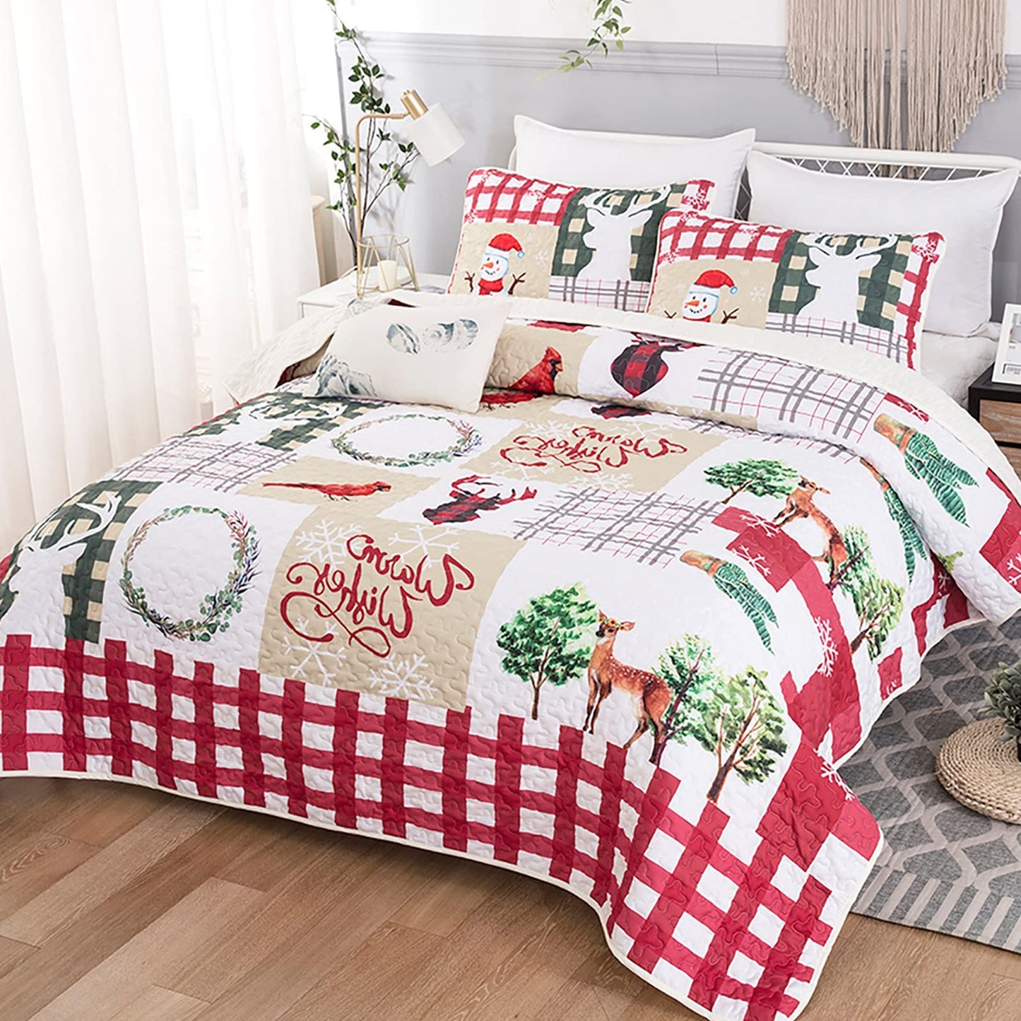 WONGS BEDDING Christmas Quilt Set King Rustic Christmas Tree Snowman Cardinal Holiday Wreath Pattern Bedding Solid Bedspread Coverlet with 2 Pillow Shams for All Season, Soft Microfiber Quilt 103"x90"