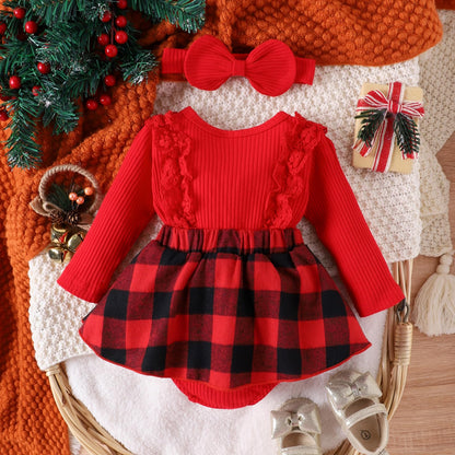 Infant Baby Girl Christmas Plaid Overall Dress Outfits Fall Winter Ruffle Romper Headband Sets