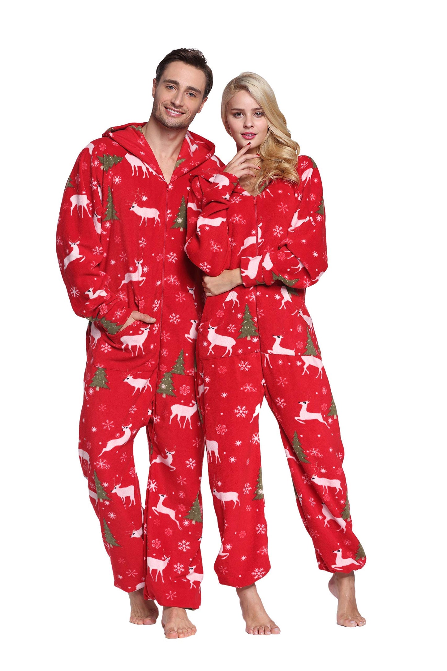 XMAS Women's & Men's Hooded Fleece Onesies One-Piece Pajamas