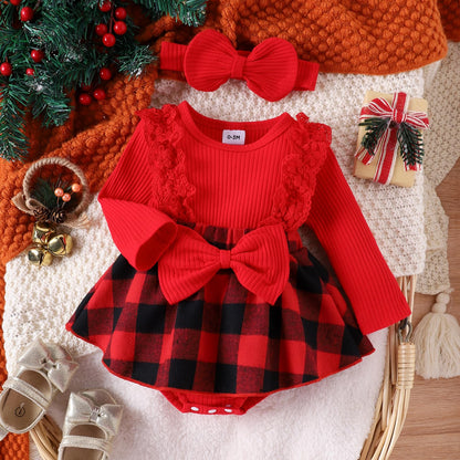 Infant Baby Girl Christmas Plaid Overall Dress Outfits Fall Winter Ruffle Romper Headband Sets