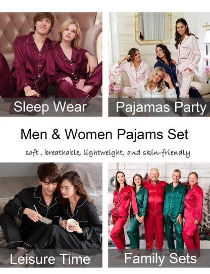 Couples Matching Pajamas Set Silk Satin Long Sleeve Sleepwear Soft Button Down Loungewear Pj Set