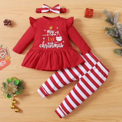 My 1st Christmas Baby Girl Outfits Ruffle Santa Tree Print Tunic Drees Shirt Plaid Stripe Pants Fall Clothes