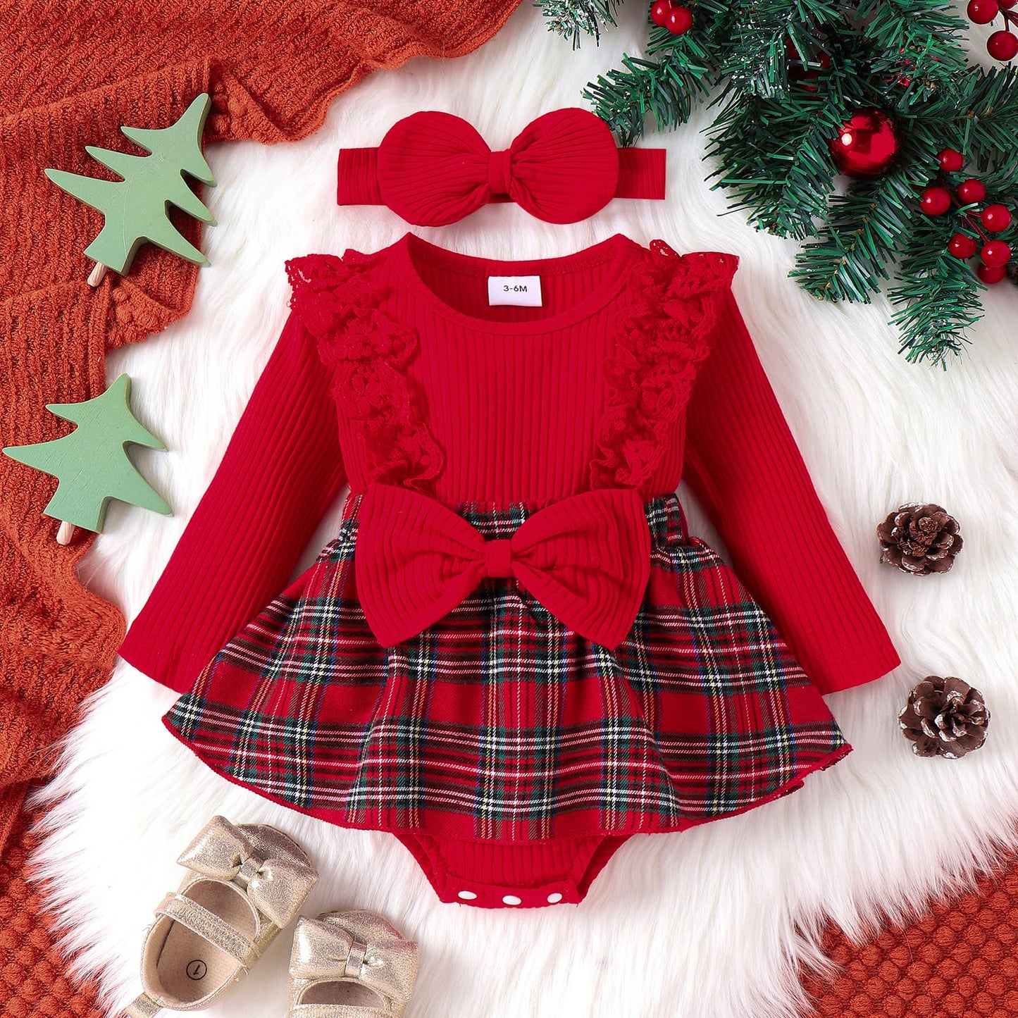 Infant Baby Girl Christmas Plaid Overall Dress Outfits Fall Winter Ruffle Romper Headband Sets