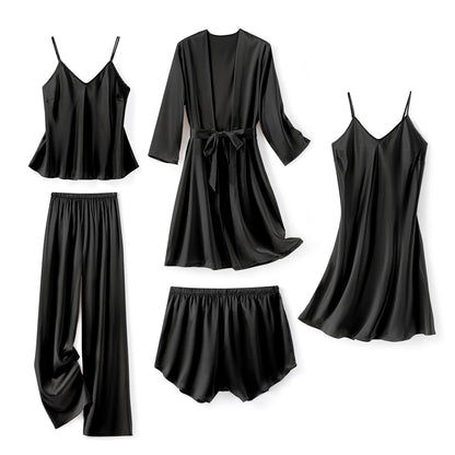 Silk Pajamas for Women 5Pcs Sleepwear Loungewear Satin Robe Cami Shorts Pj Set